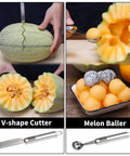 BURLIHOME stainless steel fruit carving knife set, 6-pack; includes V-shape cutter and melon baller.