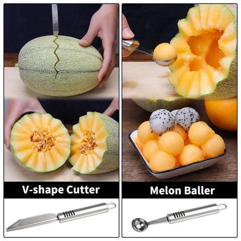 BURLIHOME stainless steel fruit carving knife set, 6-pack; includes V-shape cutter and melon baller.
