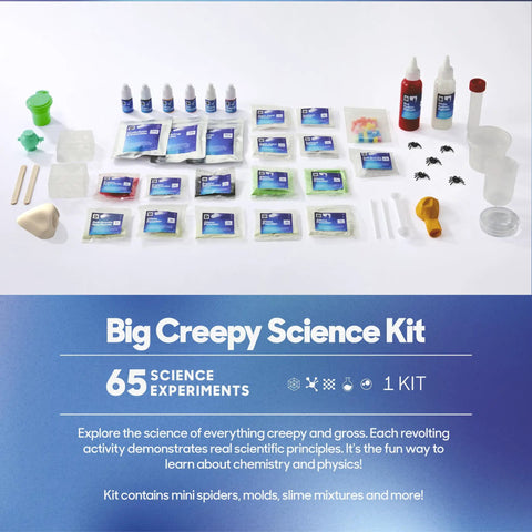 Creepy Science Lab Kit For Kids With 65 Gross Out Experiments displayed with components like slime, molds, and lab tools