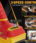Flathead Angle Grinder For Tight Spaces With DeWalt 20V Battery Compatibility showing 3-speed control settings.