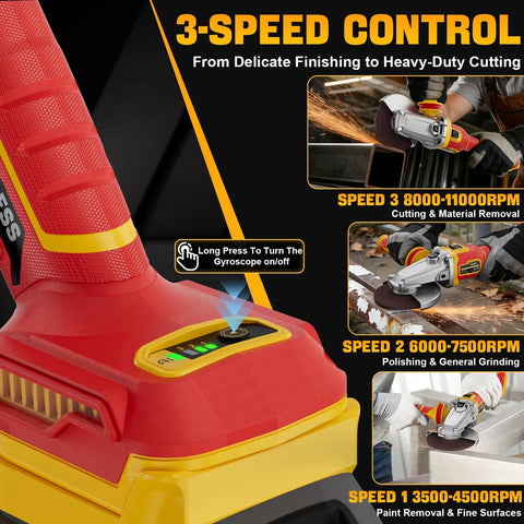 Flathead Angle Grinder For Tight Spaces With DeWalt 20V Battery Compatibility showing 3-speed control settings.