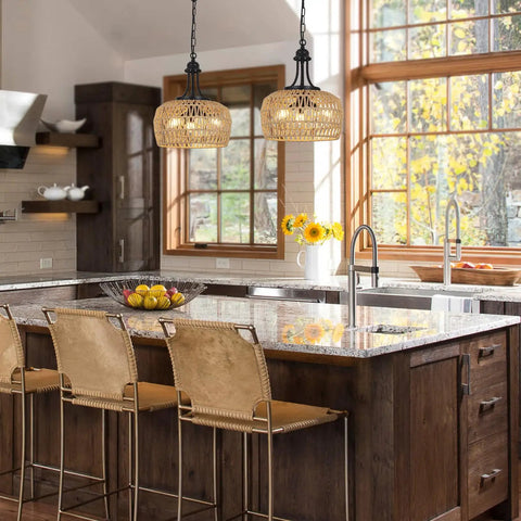 Straight Up Gorgeous Farmhouse Chandelier Featuring Three Woven Rattan Shades hanging in a modern kitchen over a dining island.