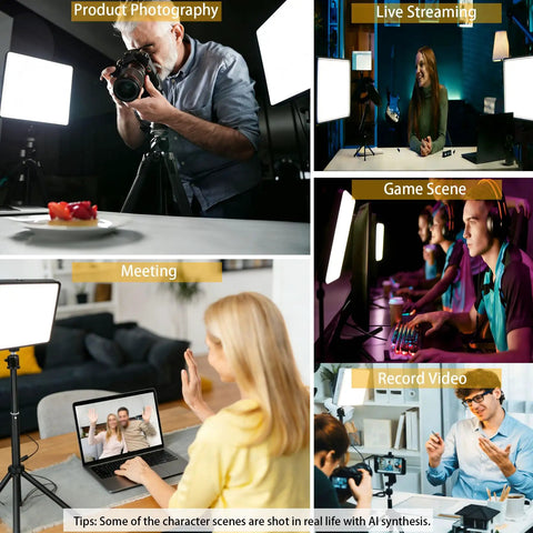 2 Pack LED Photo Lighting Kit With Stand 2800K-6500K Dimmable Studio Lights For Product Photography, Vids, Streams, Food Pics, And Content Creators, 12 Inch Background Lights in use for various content creation scenarios.