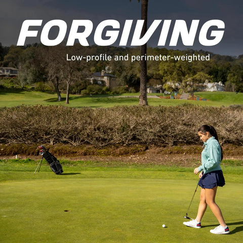 Teen girl playing golf with Teen Golf Club Set For Ages 13 To 16 With Driver, Hybrid, 7 PW Irons, Putter, Stand Bag And 3 Headcovers.