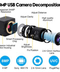 Diagram of Ultra HD 8MP USB Camera with 2.8 to 12mm varifocal lens, showing components like IMX179 sensor and processing chip.