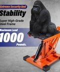 Beefy Heavy Duty Hydraulic Dirt Bike Lift Stand With Tool Trays 1000 Lbs Capacity Jack Stand showcasing load capacity with gorilla figure.