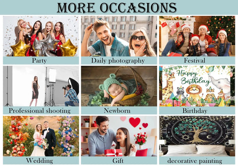 Image showcasing various occasions like parties, photography, newborn shoots, weddings, and birthday celebrations.