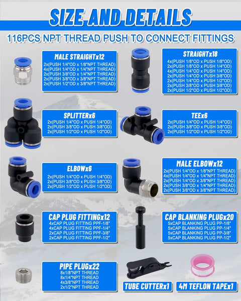116 Piece Quick Connect Air Fitting Kit chart showing various push-to-connect fittings and sizes for pneumatic systems.