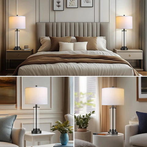 Touch Control Table Lamps Set Of 2 With USB Ports and 3 Way Dimmable Bedside Lighting for Living Room and Bedroom Modern Black Nightstand Lamps With 2 LED Bulbs in bedroom setup.
