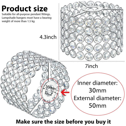 Crystal Lamp Shade For Ceiling Lights Dainty Chandelier Lampshade Fitting For Living Room Bedroom Bathroom Weddings And Parties Warm White Glow That Slaps E27 Socket 7x7x4.3 Inches Silver Finish Bulb Not Included, showing dimensions 7x4.3 inches, 30mm inner diameter, 50mm external diameter.