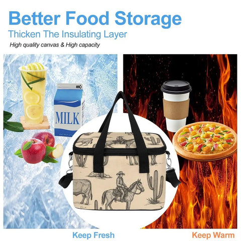 Insulated Lunch Box For Work And On The Go With Leakproof Construction, Western cowboy desert print, fruits, milk, and pizza images.
