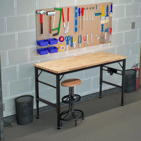 Heavy Duty Adjustable Height Workbench With Built In Power Outlets And Solid Rubber Wood Top Rock Solid Two Thousand Pound Capacity Garage Beast For Shop Projects And Buildouts with tools and storage.
