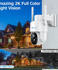 Wireless Outdoor Security Camera With Pan Tilt And Battery Power 2.4G WiFi PIR Motion Detection And Two Way Talk Color Night Vision 9000mAh Battery For Easy No Wires Setup Solar Panel Ready overlooking a house with night vision features