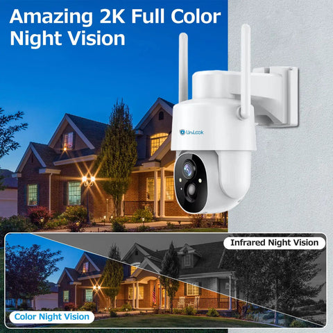 Wireless Outdoor Security Camera With Pan Tilt And Battery Power 2.4G WiFi PIR Motion Detection And Two Way Talk Color Night Vision 9000mAh Battery For Easy No Wires Setup Solar Panel Ready overlooking a house with night vision features