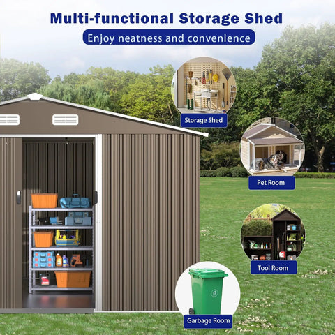 10 Foot By 8 Foot Outdoor Storage Shed Made From Galvanized Metal With Vents And Sliding Door Waterproof Garden Tool Shed For Patio Or Backyard To Store Bikes Lawn Equipment Tools And More