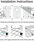 Installation instructions for Sturdy Stainless Steel Sink Grid Protector 26 By 14 Inches with clear orientation markings.