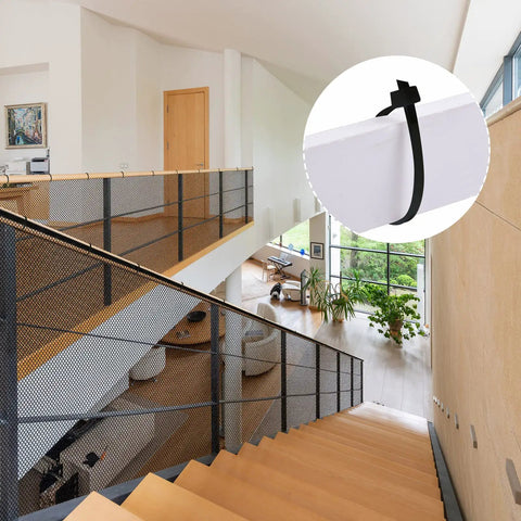 Pet Balcony Net For Cats And Dogs 16.5 Ft By 2.5 Ft Anti Fall Mesh Screen Black installed on staircase with cable tie detail
