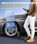 Man using Portable Tire Inflator Air Compressor With Digital Pressure Gauge, Cordless 12V DC Pump near car tire with real-time display