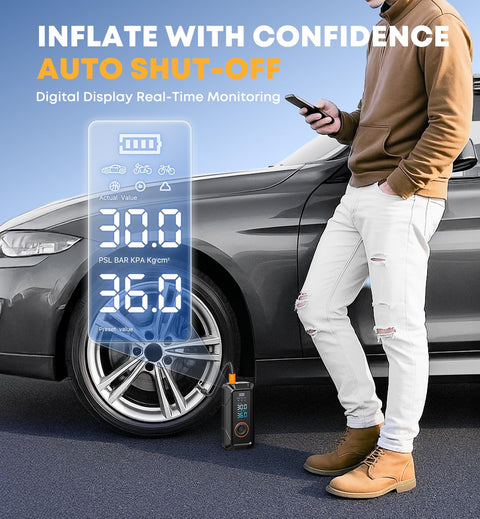Man using Portable Tire Inflator Air Compressor With Digital Pressure Gauge, Cordless 12V DC Pump near car tire with real-time display