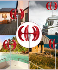 12V/24V Wind Turbine Kit With Easy Install And Intelligent Power Regulation Module And Low Resistance Permanent Magnet Generator For Home Wind Solar Hybrid Power System, 5 blade compact turbine in red on rooftops and camper