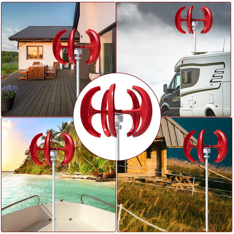 12V/24V Wind Turbine Kit With Easy Install And Intelligent Power Regulation Module And Low Resistance Permanent Magnet Generator For Home Wind Solar Hybrid Power System, 5 blade compact turbine in red on rooftops and camper