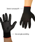 Two black protective gloves with red trimming, part of the Easy Twist Drain Auger For Clogs Flexible 50 Ft Cable Half Inch Diameter Plumbing Tool Kit.