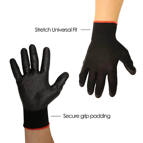 Two black protective gloves with red trimming, part of the Easy Twist Drain Auger For Clogs Flexible 50 Ft Cable Half Inch Diameter Plumbing Tool Kit.