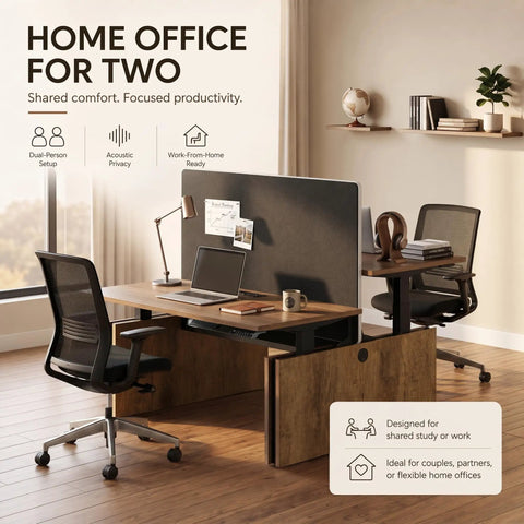 Built Slick Electric Double Standing Desk With Independent Dual Motors And Easy Usb Connections, Featuring No Fuss Height Adjustments Smart Memory Buttons Privacy Panels And Clean Cable Routing For Daily Grind in a modern home office.