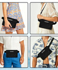 Two Pack Waterproof Fanny Pack And Phone Pouch Dry Bag Set shown on models with summer outfits for beach and travel.