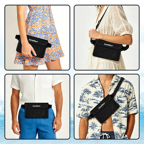 Two Pack Waterproof Fanny Pack And Phone Pouch Dry Bag Set shown on models with summer outfits for beach and travel.