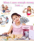 Girl saving cash with Electronic Piggy Bank For Girls With 4 Digit Password Lock ATM Style Money Safe For Kids Perfect Birthday Gift