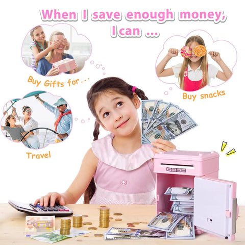 Girl saving cash with Electronic Piggy Bank For Girls With 4 Digit Password Lock ATM Style Money Safe For Kids Perfect Birthday Gift
