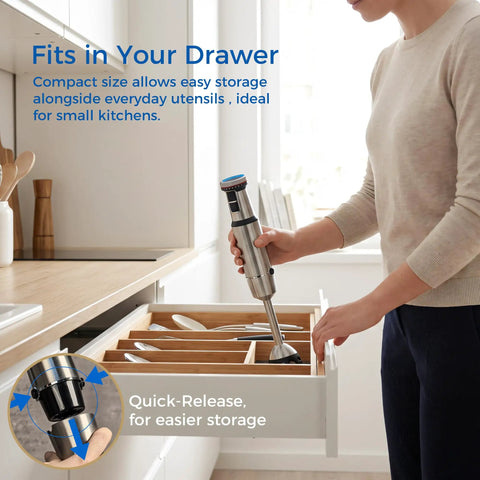 Workhorse Immersion Blender With 1200W Motor in kitchen drawer, compact design with quick-release for easy storage.