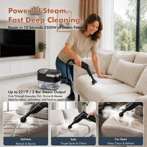 Heyvtoryin 2500W Steam Cleaner For Home With 1.6L Tank And Quick Heat Up To 3 Seconds, cleaning couch upholstery.