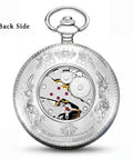 Back view of Vintage Mechanical Pocket Watch With Double Sided Floral Engraving Case Hunter Skeleton Design Old School Antique Silver