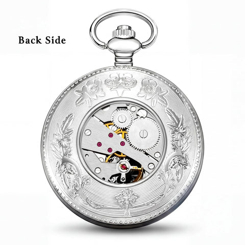 Back view of Vintage Mechanical Pocket Watch With Double Sided Floral Engraving Case Hunter Skeleton Design Old School Antique Silver