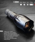 TacLight Bright LED Flashlight With Zoom And Five Modes 100000 Hour Bulb Water Resistant Mini Torch on black surface