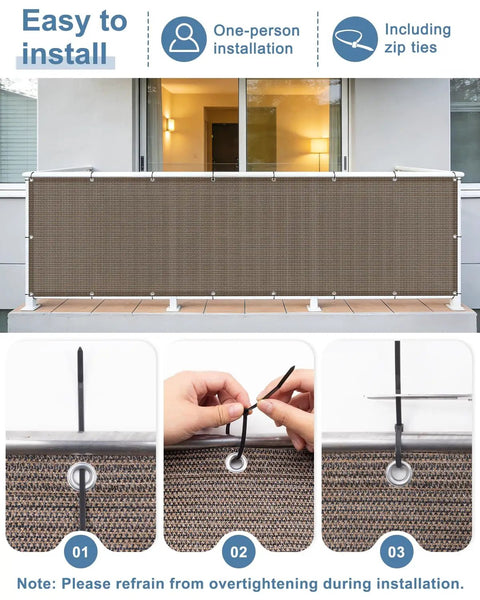 Brown Balcony Privacy Screen Fence Cover 3x10 Ft HDPE Mesh With Grommets UV Protection Weather Resistant shown installed on railing