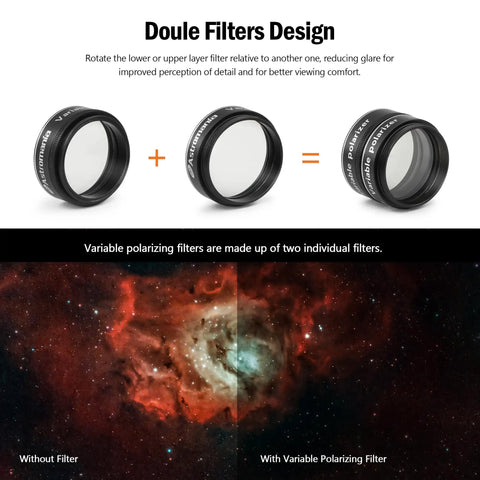 Comparison showing Six-Piece 1.25-Inch Telescope Eyepiece Filter Set Pro-Grade With Polarizing Grey Filter effect on nebula.