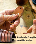 Handmade Crazy Horse cowhide leather being stitched for the Premium Handmade Genuine Leather AirTag Holder And Keychain.