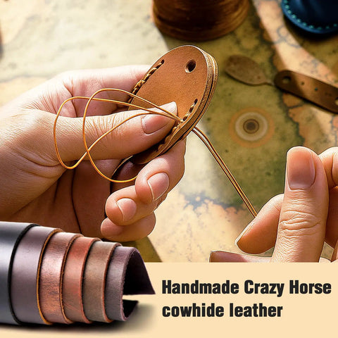 Handmade Crazy Horse cowhide leather being stitched for the Premium Handmade Genuine Leather AirTag Holder And Keychain.