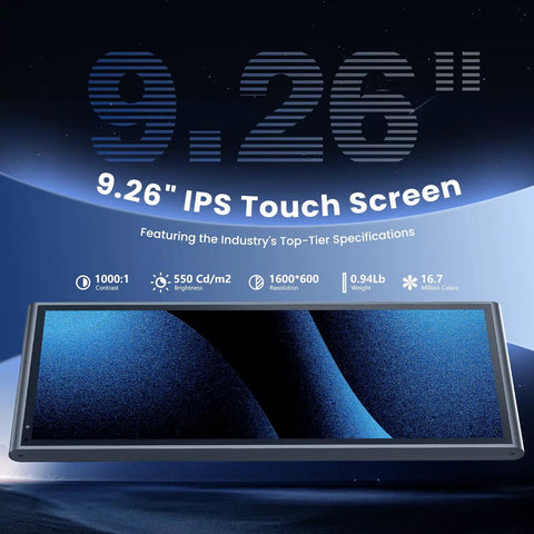 Portable Wireless CarPlay Screen For CarPlay And Android Auto with 9.26 Inch IPS Touch Display and specifications shown.