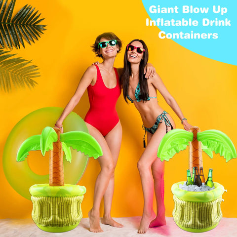 Two inflatable palm tree drink coolers with people holding them, perfect for pool party beach decor, adding a Hawaiian theme.