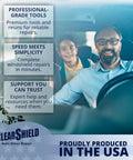 Man driving car with child, promoting Pro Grade Windshield Repair Kit for Chips, Cracks, and Scratches. Features noted on image.