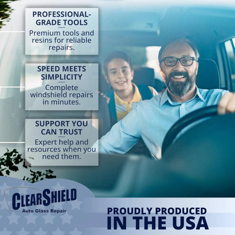 Man driving car with child, promoting Pro Grade Windshield Repair Kit for Chips, Cracks, and Scratches. Features noted on image.