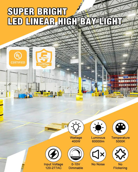 Solid Kick Butt Lighting 4Ft Led Linear High Bay 400W 60000 Lumen Shop Fixture Super Clear 5000K Daylight Beam in warehouse.