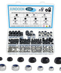 250 Piece Metric Nylon Lock Nut Assortment Kit M3 M4 M5 M6 M8 M10 showing various sizes in stainless steel and carbon steel.