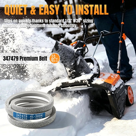 Beefy Heavy Duty Drive Belt Half Inch By 36 Inch Replacement for lawn mowers, snowblowers, showing belt and snowblower in use