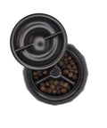 Top view of open compartment with black peppercorns from Stainless Steel Salt And Pepper Grinder Set For Kitchen And Table Easy Refill Top Grinding Mechanism For Clean Counters Adjustable Coarseness From Fine To Coarse Sleek Durable Grinders For Everyday Cooking And Seasoning