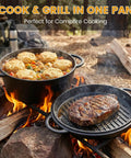 All In One Cast Iron Dutch Oven And Skillet Lid Pre Seasoned Heavy Duty Cookware for campfire cooking with stew and steak